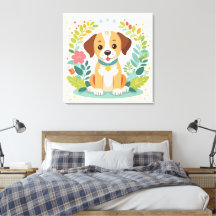 かわいい犬とカラフルな花の子供部屋用キャンバスプリント