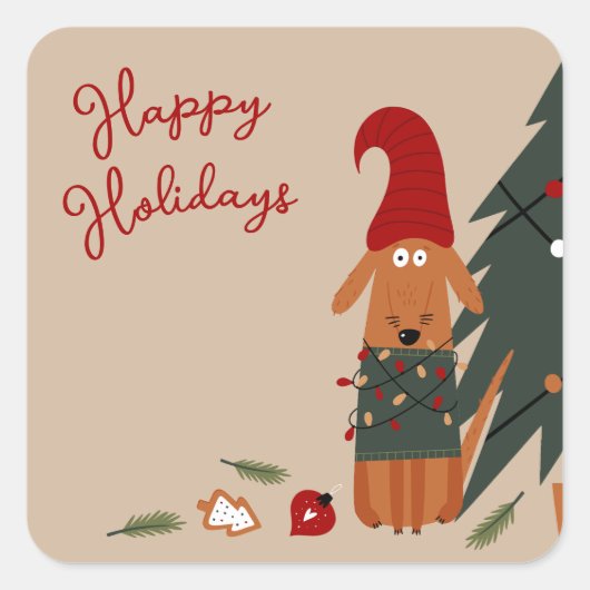 かわいい犬とクリスマスツリーのいたずら スクエアシール (正面)