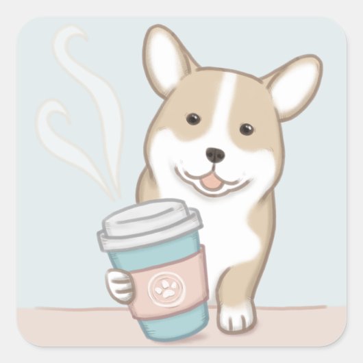 かわいい犬とコーヒーイラストレーションアート スクエアシール (正面)