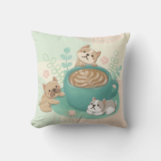 かわいい犬とコーヒーイラストレーション クッション (正面)