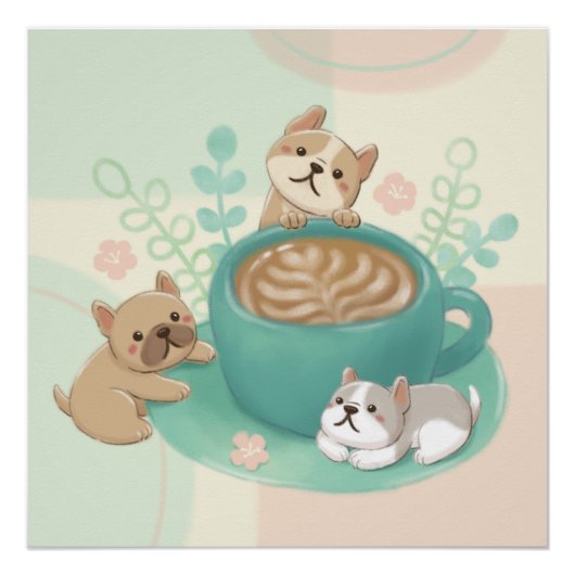 かわいい犬とコーヒーイラストレーション ポスター (正面)