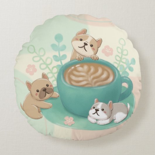 かわいい犬とコーヒーイラストレーション ラウンドクッション (正面)
