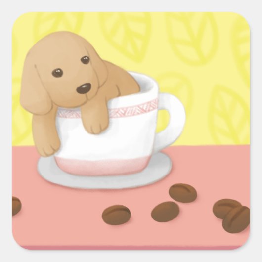 かわいい犬とコーヒー豆のイラストレーションアート スクエアシール (正面)