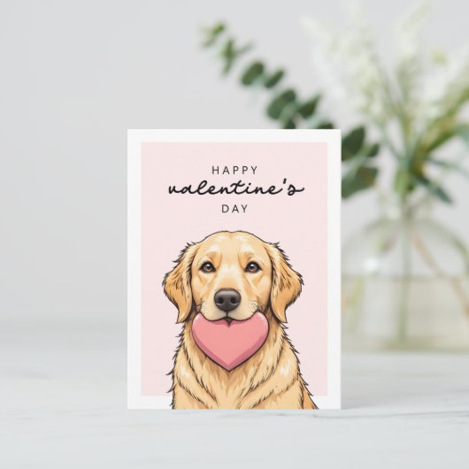 かわいい犬とハートの幸せなバレンタインデー ポストカード (スタンド正面)