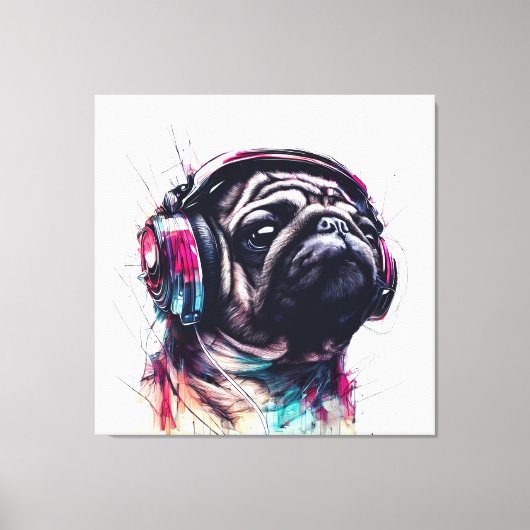 かわいい犬とヘッドフォン水彩イラストレーション キャンバスプリント (正面)