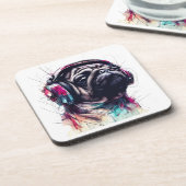 かわいい犬とヘッドフォン水彩イラストレーション コースター (左側)