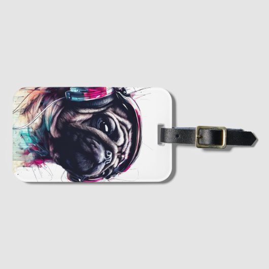 かわいい犬とヘッドフォン水彩イラストレーション ラゲッジタグ (正面横)