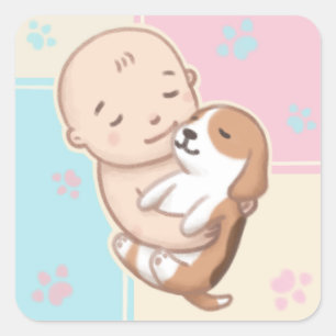 かわいい犬とベビーイラストレーションアート スクエアシール