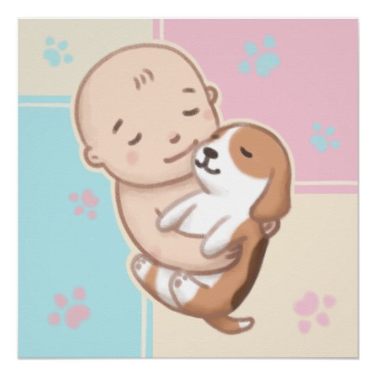 かわいい犬とベビーイラストレーションアート ポスター (正面)