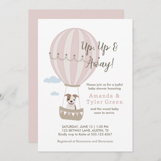 かわいい犬とホットエアバルーン赤ちゃんシャワー招待状 招待状 (正面/裏面)