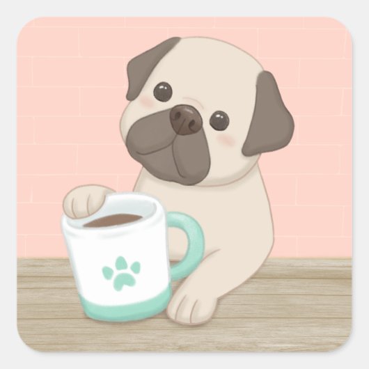 かわいい犬とマグカップイラストレーションアート スクエアシール (正面)
