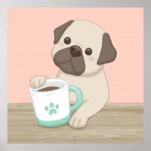 かわいい犬とマグカップイラストレーションアート ポスター