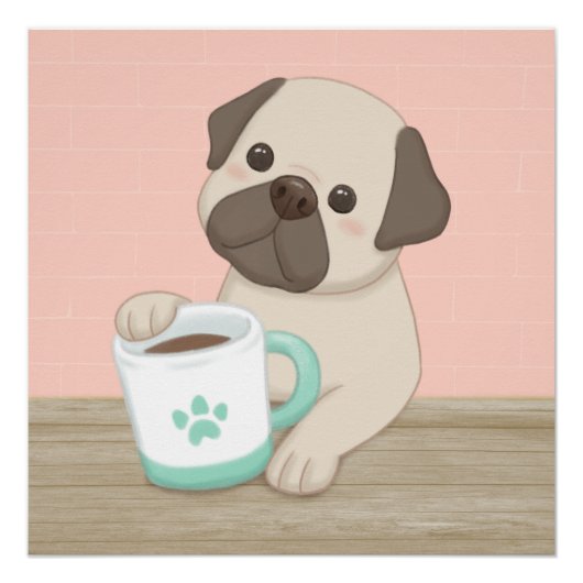 かわいい犬とマグカップイラストレーションアート ポスター (正面)