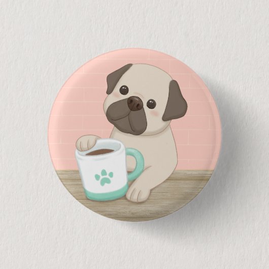 かわいい犬とマグカップイラストレーションアート 缶バッジ (正面)