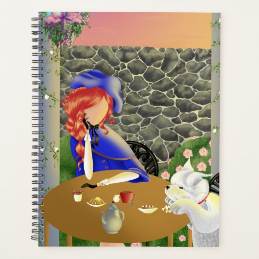 かわいい犬と女性のカフェで日没 プランナー手帳 (正面)