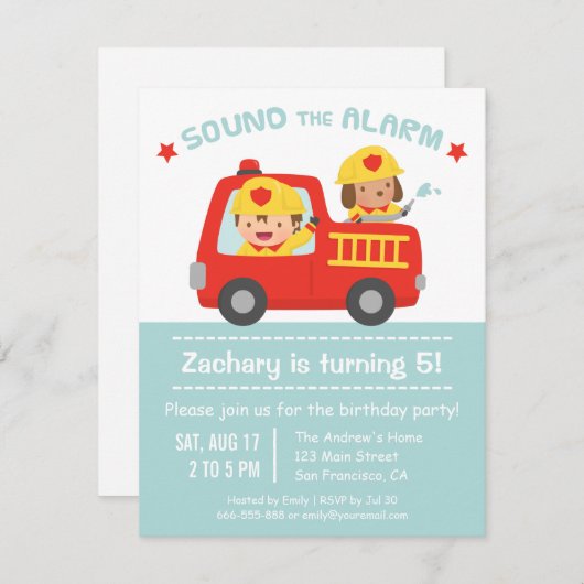 かわいい犬と少年の赤い消防車誕生パーティー 招待状 (正面/裏面)