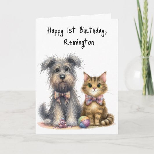 かわいい犬と猫おめでとうパーソナライズされた1歳 カード (正面)