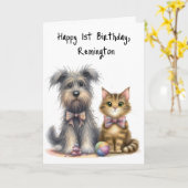 かわいい犬と猫おめでとうパーソナライズされた1歳 カード (黄色い花)