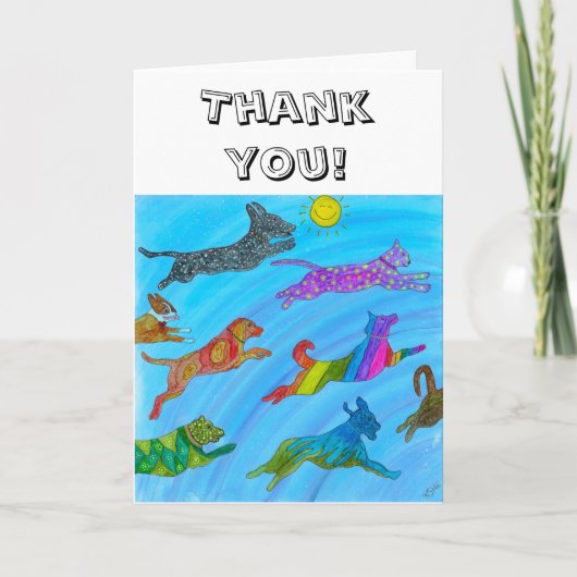 かわいい犬と猫が喜んでジャンプしているグリーティングカード サンキューカード (正面)