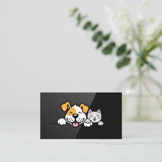 かわいい犬と猫が微笑む 名刺 (スタンド正面)