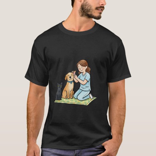 かわいい犬と猫のイラストと獣医看護師 Tシャツ (正面)