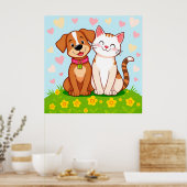 かわいい犬と猫のキャラクター ペットの壁飾りギフト ポスター (キッチン)