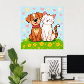 かわいい犬と猫のキャラクター ペットの壁飾りギフト ポスター (ホームオフィス)