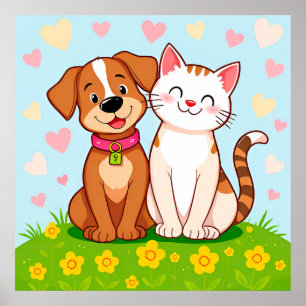 かわいい犬と猫のキャラクター ペットの壁飾りギフト ポスター