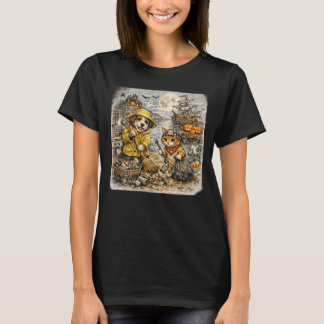 かわいい犬と猫のチームによるハロウィンの港清掃 Tシャツ