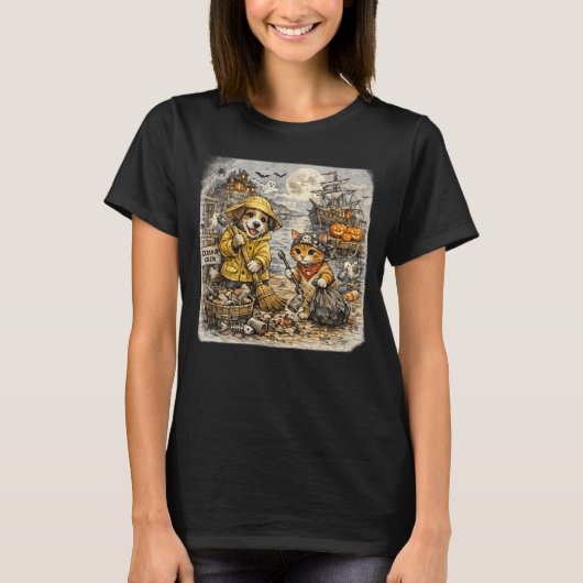 かわいい犬と猫のチームによるハロウィンの港清掃 Tシャツ (正面)