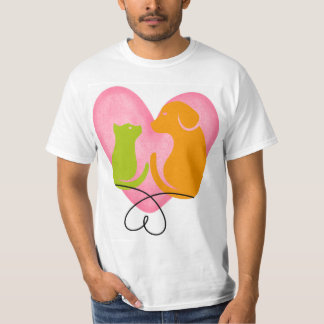 かわいい犬と猫のハートのシルエット ペット好きな子供のTシャツ Tシャツ