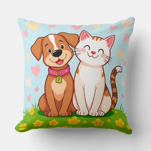 かわいい犬と猫の友情アニマルスタイル クッション (正面)
