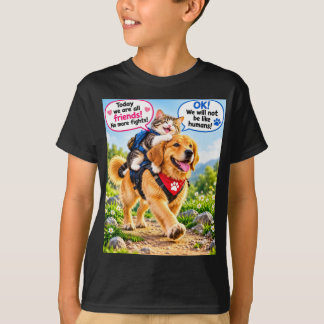 かわいい犬と猫の友情Tシャツ 楽しい動物 Tシャツ