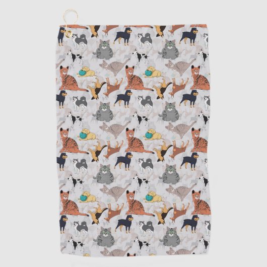 かわいい犬と猫の柄デザイン ゴルフタオル (正面)