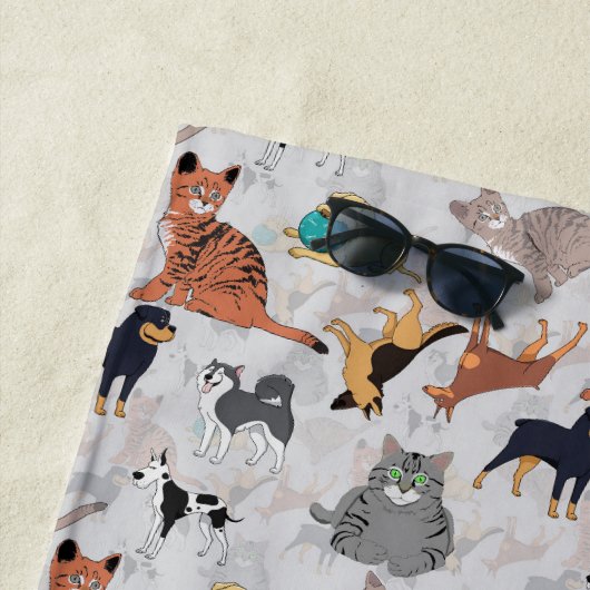 かわいい犬と猫の柄デザイン ビーチタオル (インサイチュ)