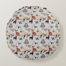 かわいい犬と猫の柄デザイン ラウンドクッション