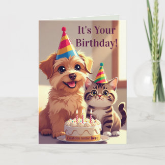 かわいい犬と猫の誕生日カード 招待状