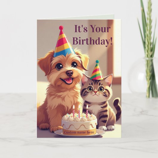 かわいい犬と猫の誕生日カード 招待状 (正面)