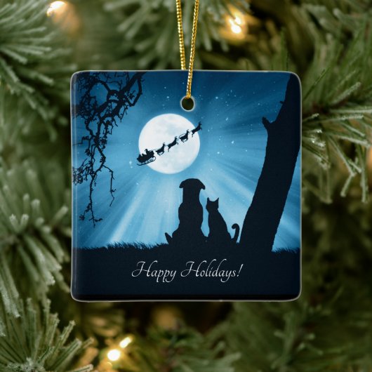 かわいい犬と猫ハッピーホリデーズチストマ セラミックオーナメント (ツリー)