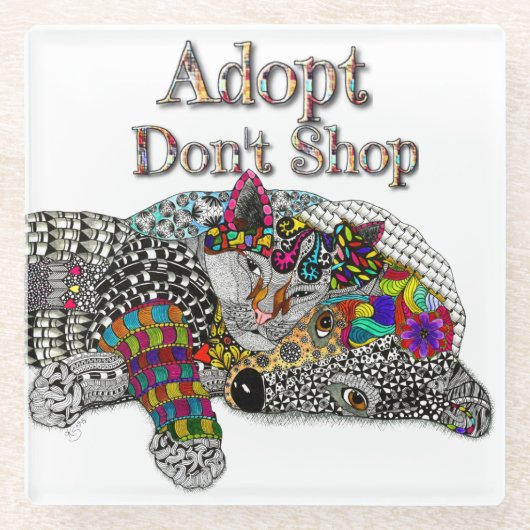 かわいい犬と猫ペットの里親募集 ガラスコースター (正面)