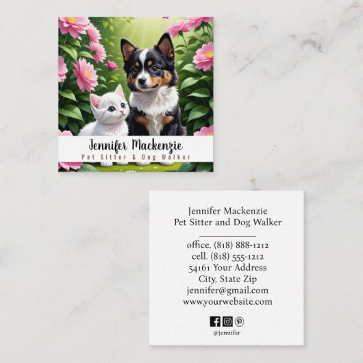 かわいい犬と猫ペットシッターとドッグウォーカー スクエア名刺 (正面/裏面)