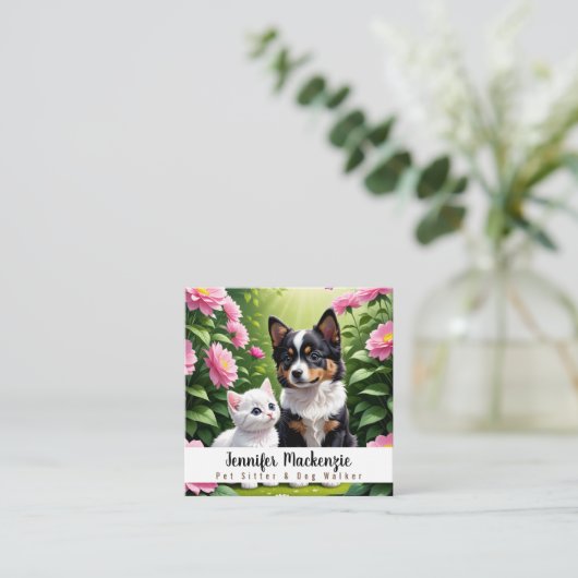かわいい犬と猫ペットシッターとドッグウォーカー スクエア名刺 (スタンド正面)