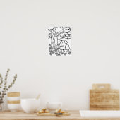 かわいい犬と花に色を付ける ポスター (キッチン)