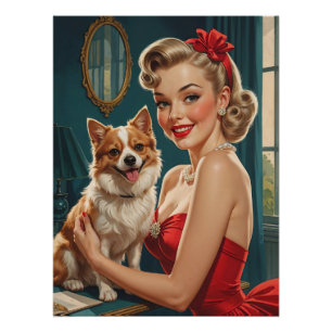 かわいい犬と赤いドレスを着たブロンドの笑顔 ポスター