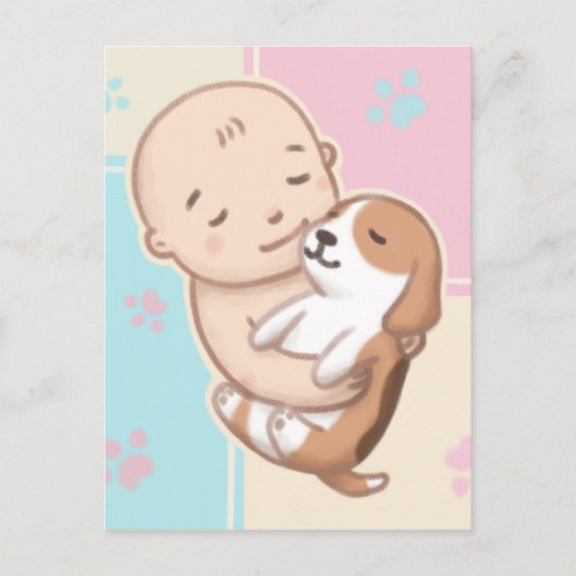 かわいい犬と赤ちゃんのイラストアート ポストカード (正面)