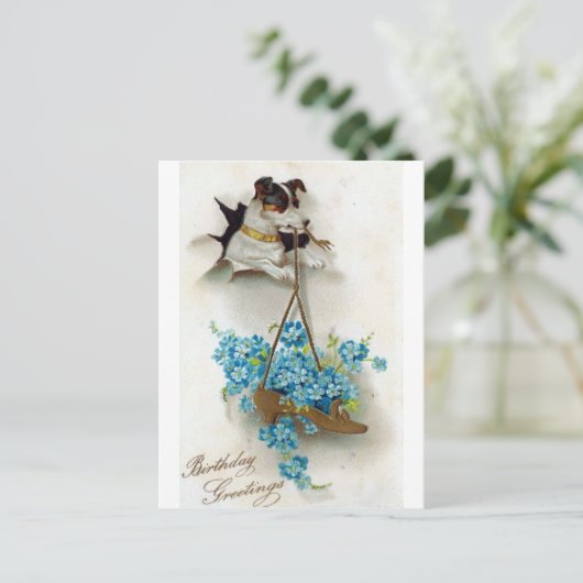 かわいい犬と靴の誕生日の挨拶 ポストカード (スタンド正面)