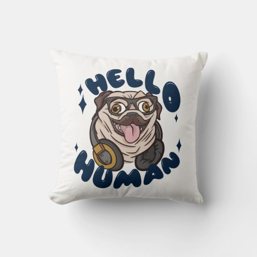 かわいい犬のイラストと"Hello human"の文字 クッション (正面)
