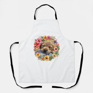 かわいい犬のカラフルの花の眠い子犬クラシック犬 エプロン