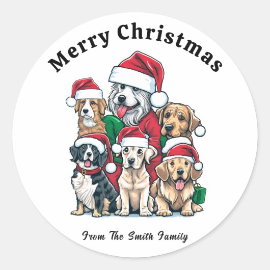 かわいい犬のクリスマススケッチ ラウンドシール (正面)