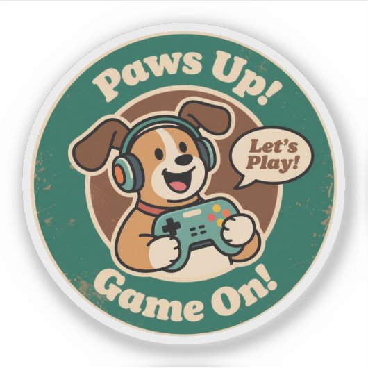 かわいい犬のゲーマー「パウスアップ!ゲームオン!」デザイン シール (正面)